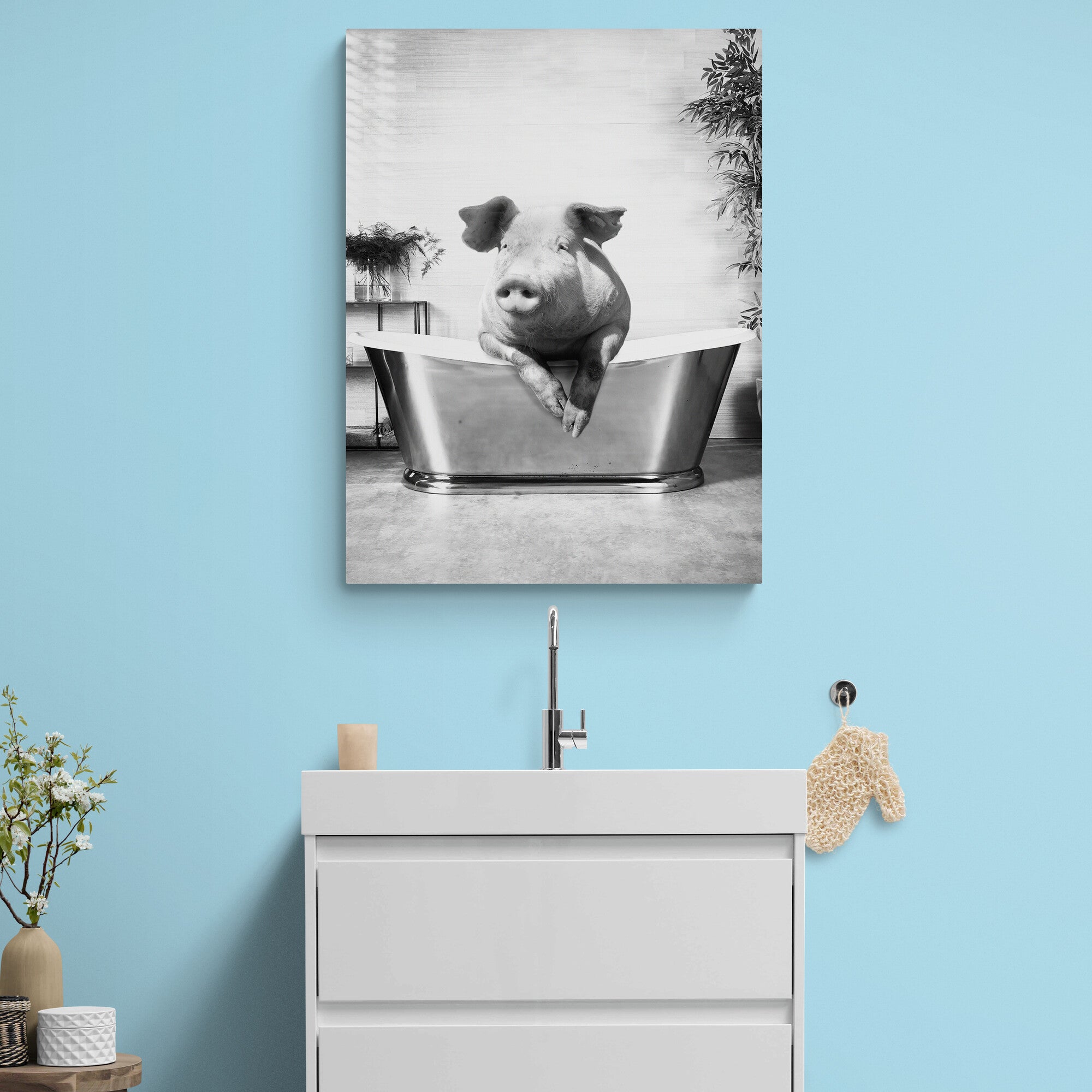 Pig In Bath  - Funny Bathroom Wall Art - Canvas Wall Art Framed Print - Various Sizes