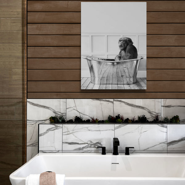 Chimp In Bath - Funny Bathroom Wall Art - Canvas Wall Art Framed Print - Various Sizes