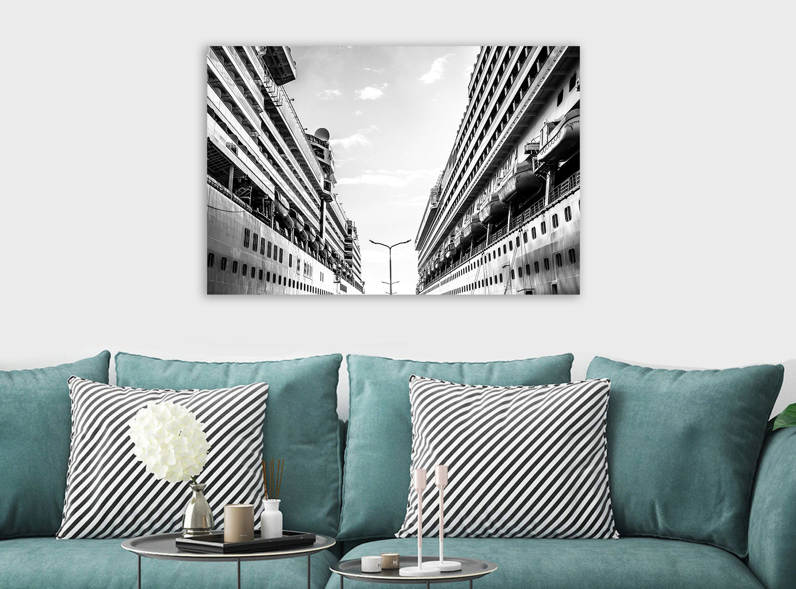 Cruise Ships -  Abstract - Black and White - Modern Canvas Wall Art Framed Print - Various Sizes