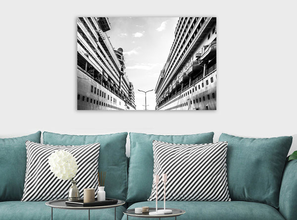 Cruise Ships -  Abstract - Black and White - Modern Canvas Wall Art Framed Print - Various Sizes