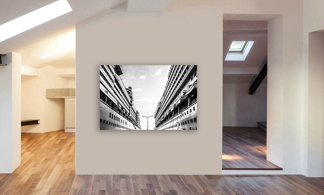 Cruise Ships -  Abstract - Black and White - Modern Canvas Wall Art Framed Print - Various Sizes