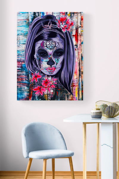 Candy Skull - Day Of the Dead Female Graffiti - Canvas Wall Art Framed Print - Various Sizes