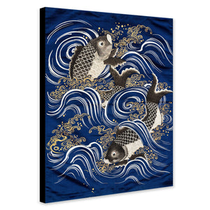 Carp Fish in Waves - Japanese Art Vintage - Canvas Wall Art Framed Print - Various Sizes