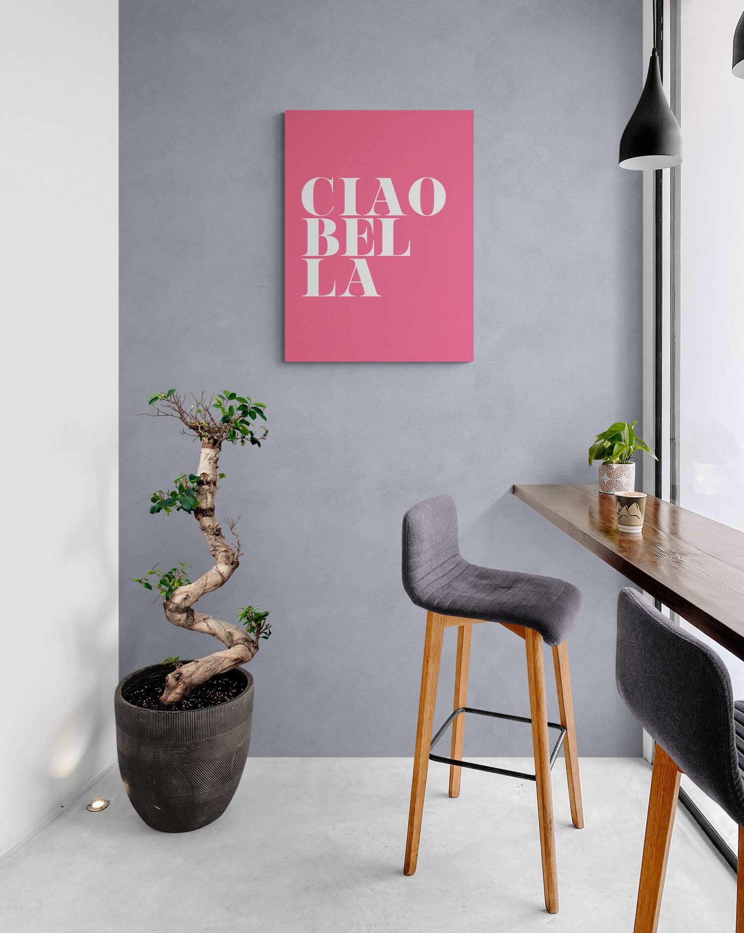 Ciao Bella pink - Typographic Art - Canvas Wall Art Framed Print - Various Sizes