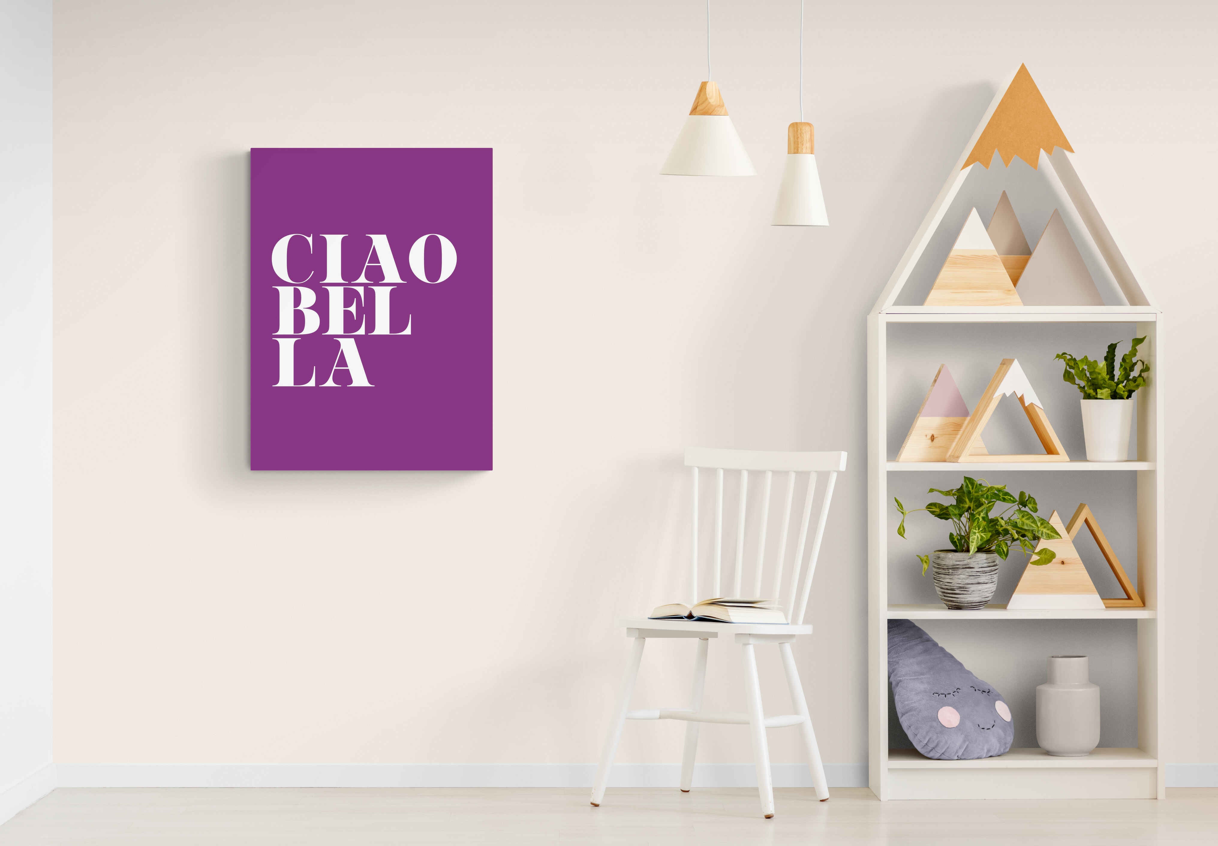 Ciao Bella purple - Typographic Art - Canvas Wall Art Framed Print - Various Sizes