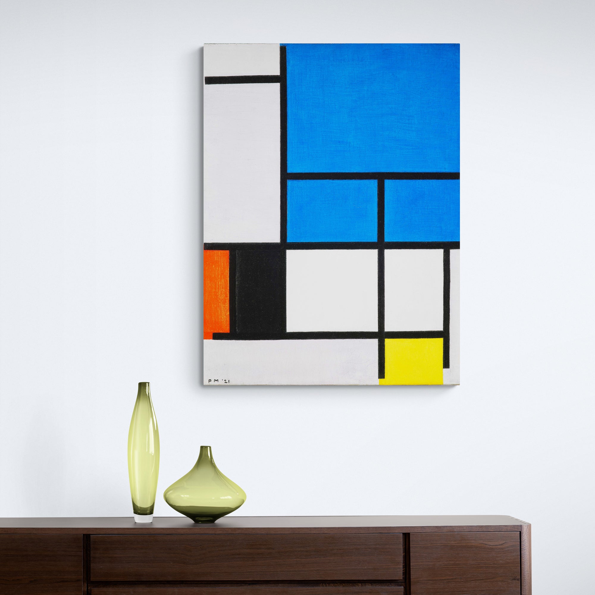 Composition with Large Blue Plane, Red, Black, Yellow and Gray by Piet Mondrian - Canvas Wall Art Framed Print - Various Sizes