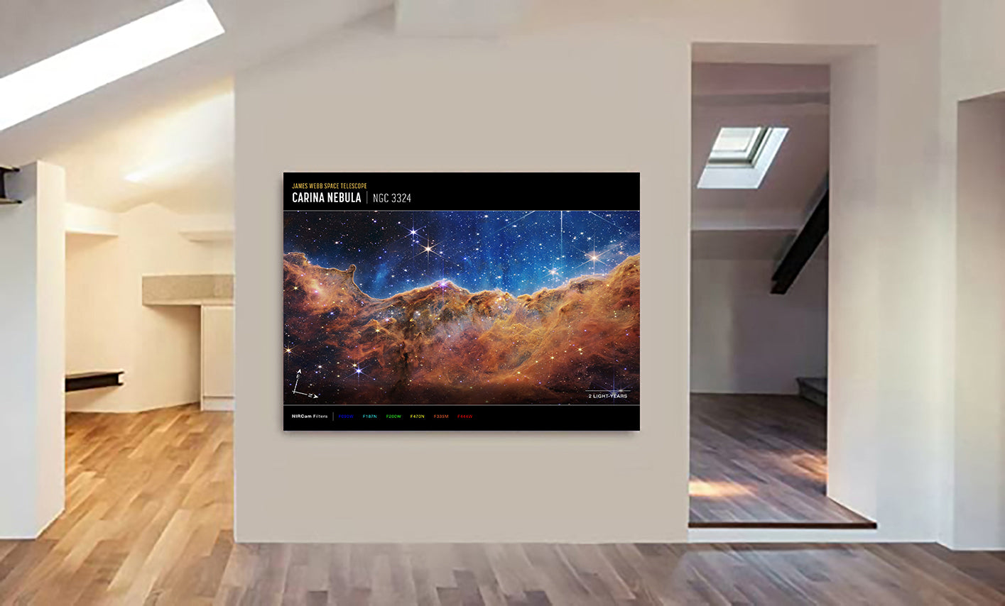 Cosmic Cliffs in the Carina Nebula from NASA’s James Webb Space Telescope Wall Art (NIRCam Compass Image) - Canvas Wall Art Framed Print - Various Sizes