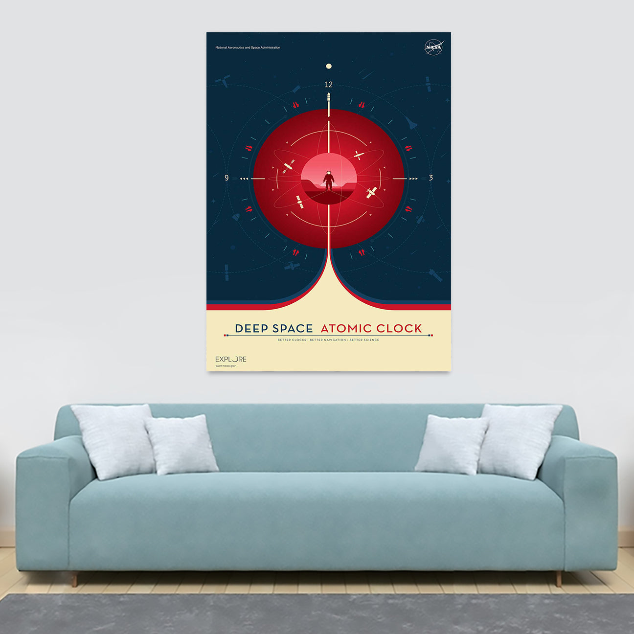 Deep Space Atomic Clock Poster - red version - Canvas Wall Art Framed Print.