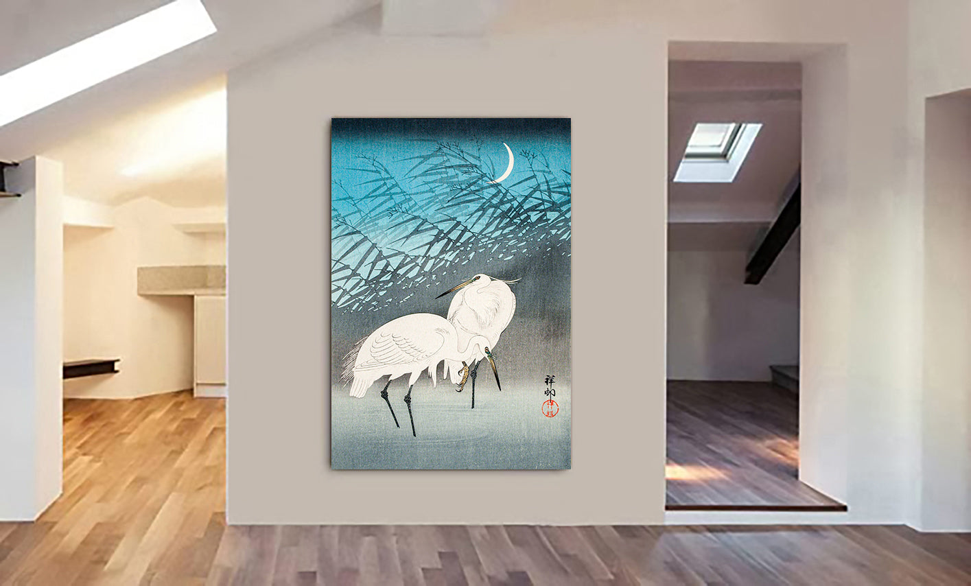 Egrets and Reeds in Moonlight (1926) by Ohara Koson - Canvas Wall Art Framed Print - Various Sizes