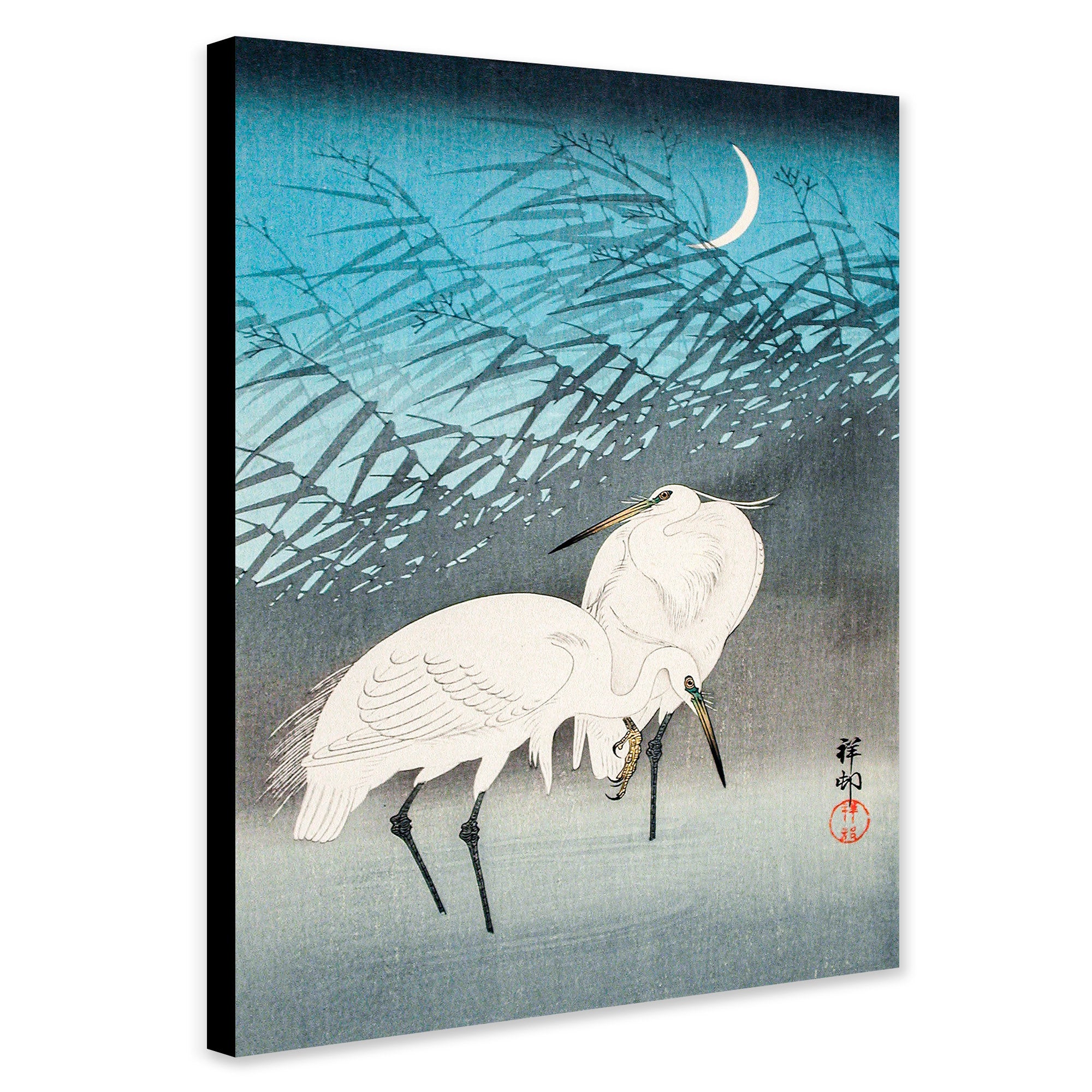 Egrets and Reeds in Moonlight (1926) by Ohara Koson - Canvas Wall Art Framed Print - Various Sizes