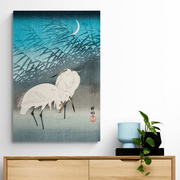 Egrets and Reeds in Moonlight (1926) by Ohara Koson - Canvas Wall Art Framed Print - Various Sizes