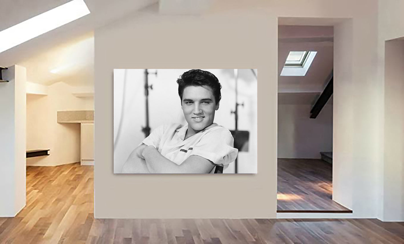 Elvis Presley Smile - Black and White Photo - Canvas Wall Art Framed Print - Various Sizes