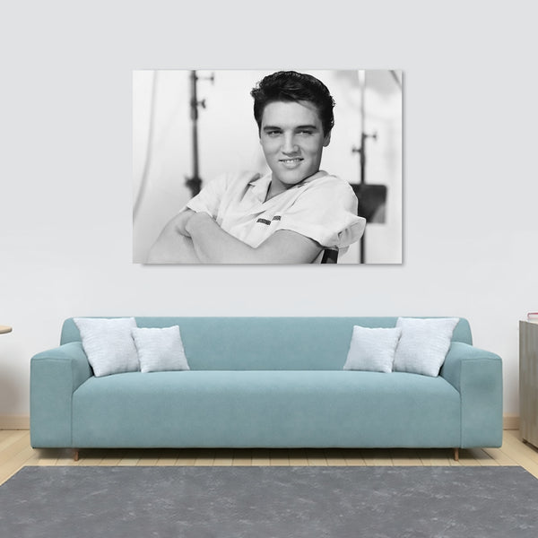 Elvis Presley Smile - Black and White Photo - Canvas Wall Art Framed Print - Various Sizes