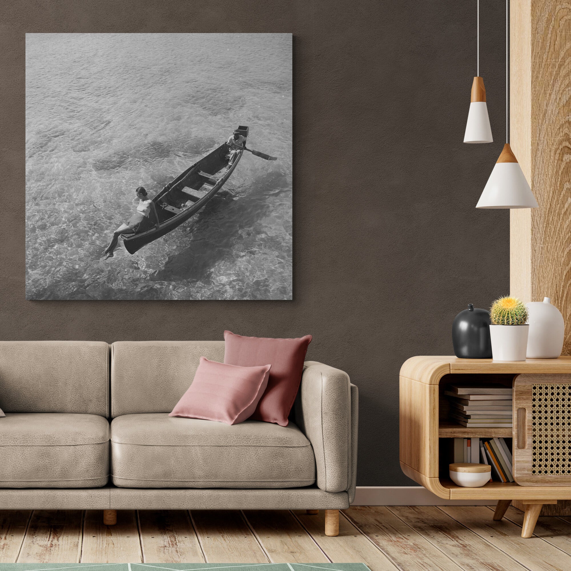 Fashion Photograhy - Model On Boat In Montego Bay by Toni Frissell - Framed Canvas Wall Art Print - Various Sizes