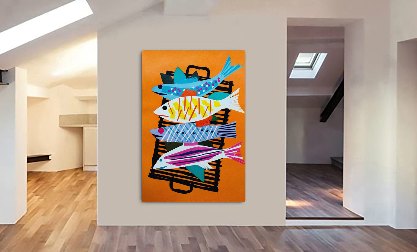 Fish Illustration Abstract by Fritz Bühler 1958 - Canvas Wall Art Framed Print - Various Sizes