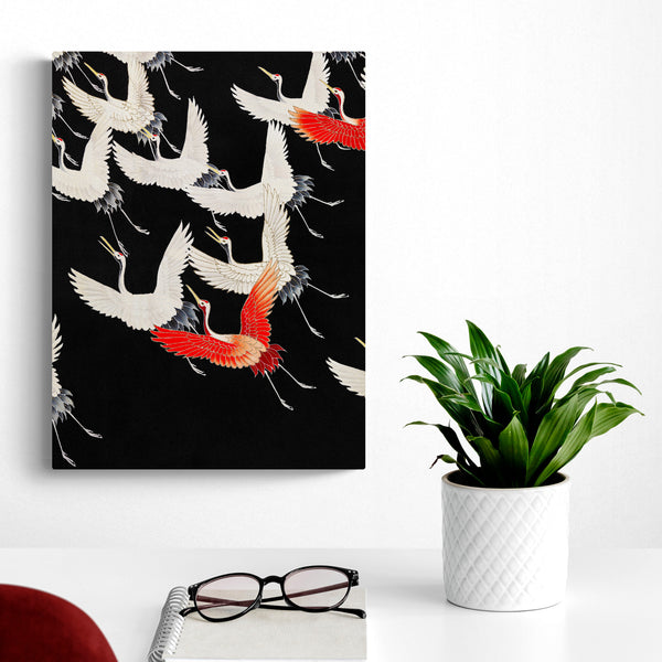 Flying Cranes Red White - Vintage - Canvas Wall Art Framed Print - Various Sizes