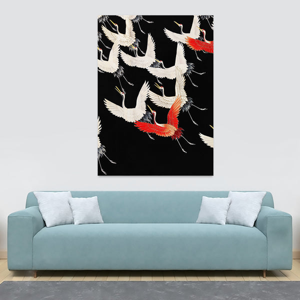 Flying Cranes Red White - Vintage - Canvas Wall Art Framed Print - Various Sizes