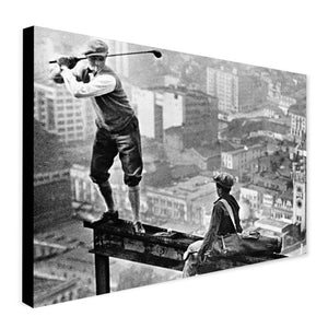 Golf Vintage Art Golfer Hitting Ball - Skyscraper Girder - Canvas Wall Art Framed Print  - Various sizes