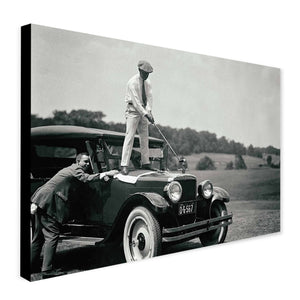 Golf Vintage Photo Golfer Hitting Ball From Car - Canvas Wall Art Framed Print  - Various sizes