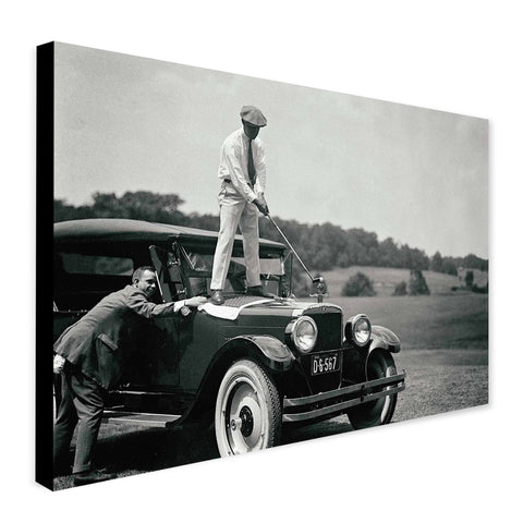 Golf Vintage Photo Golfer Hitting Ball From Car - Canvas Wall Art Framed Print  - Various sizes