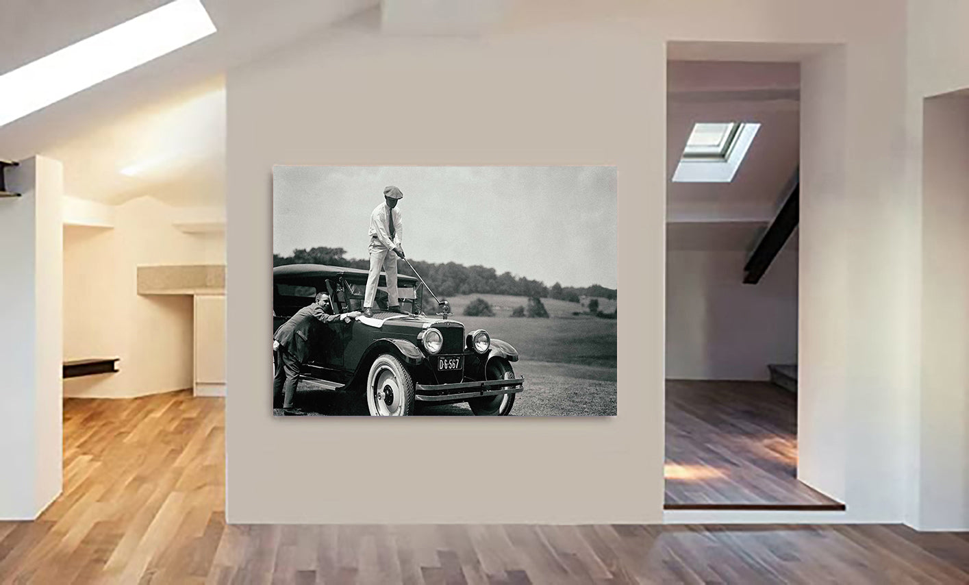 Golf Vintage Photo Golfer Hitting Ball From Car - Canvas Wall Art Framed Print  - Various sizes