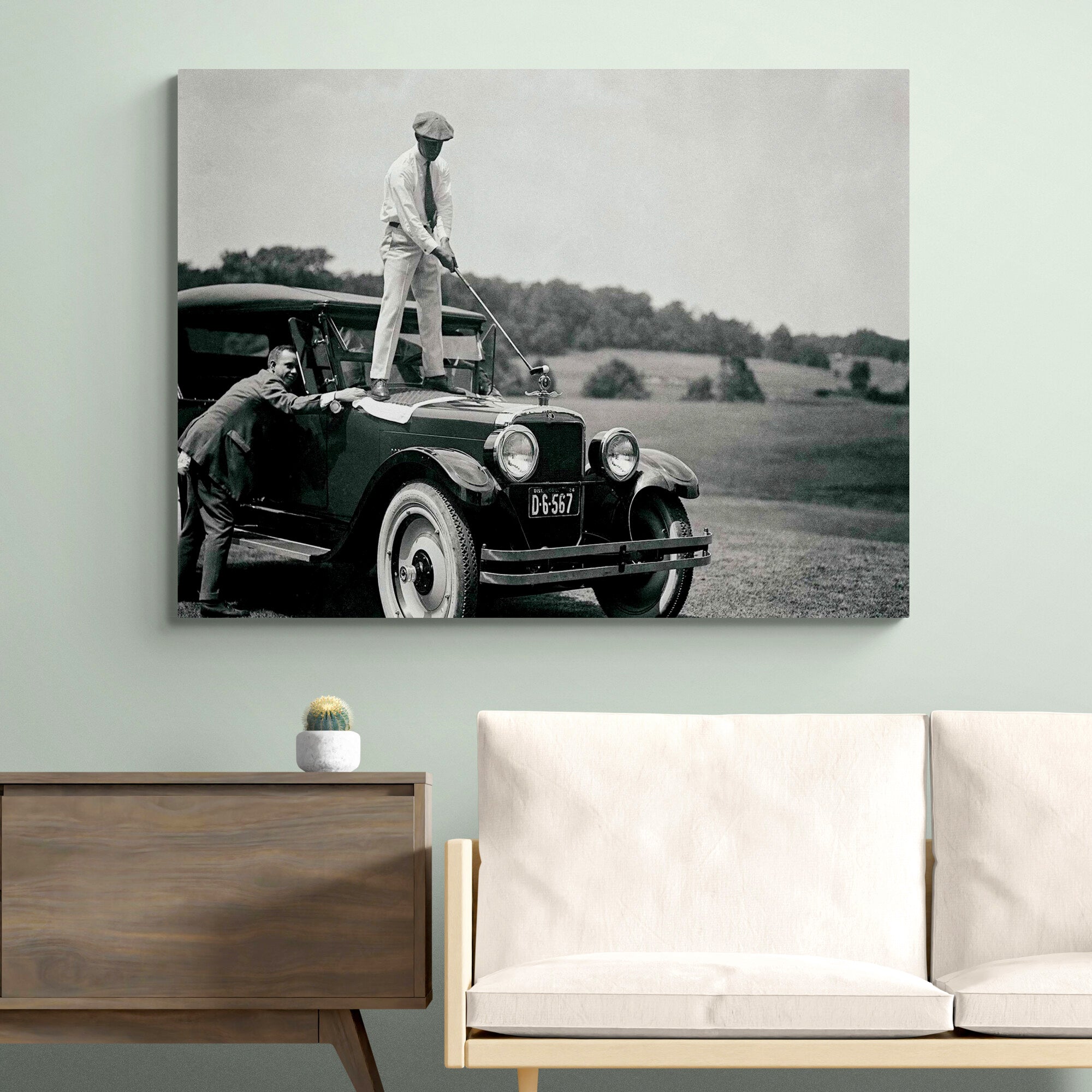 Golf Vintage Photo Golfer Hitting Ball From Car - Canvas Wall Art Framed Print  - Various sizes
