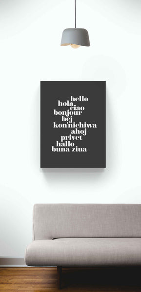 Hello Translated dark - Typographic Art - Canvas Wall Art Framed Print - Various Sizes