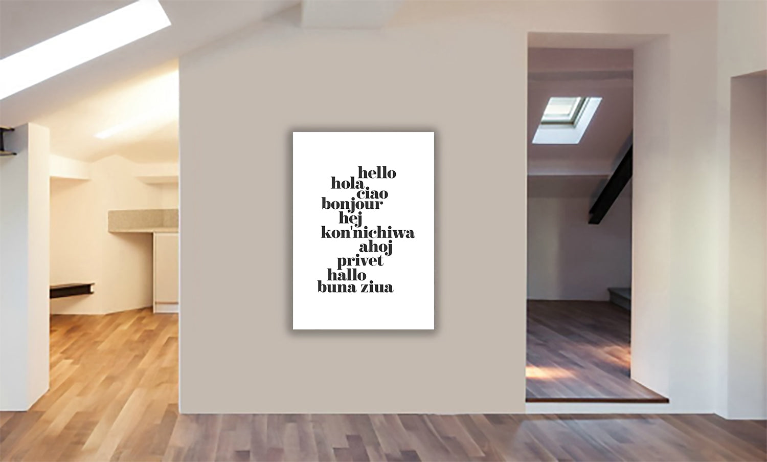 Hello Translated light - Typographic Art - Canvas Wall Art Framed Print - Various Sizes