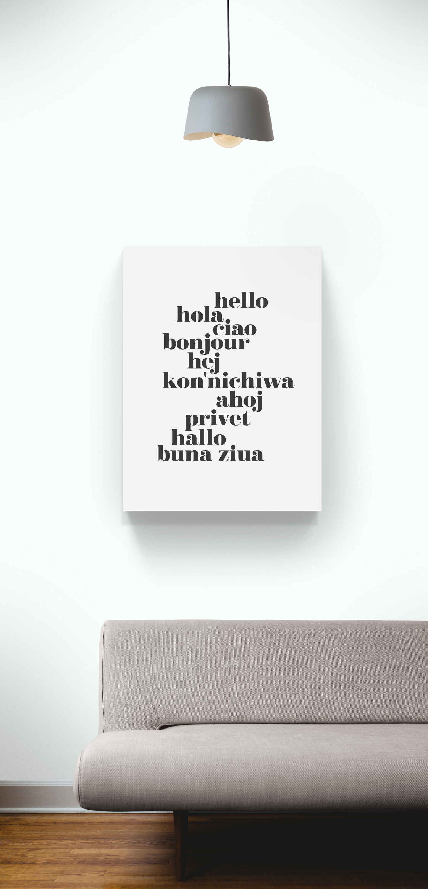 Hello Translated light - Typographic Art - Canvas Wall Art Framed Print - Various Sizes