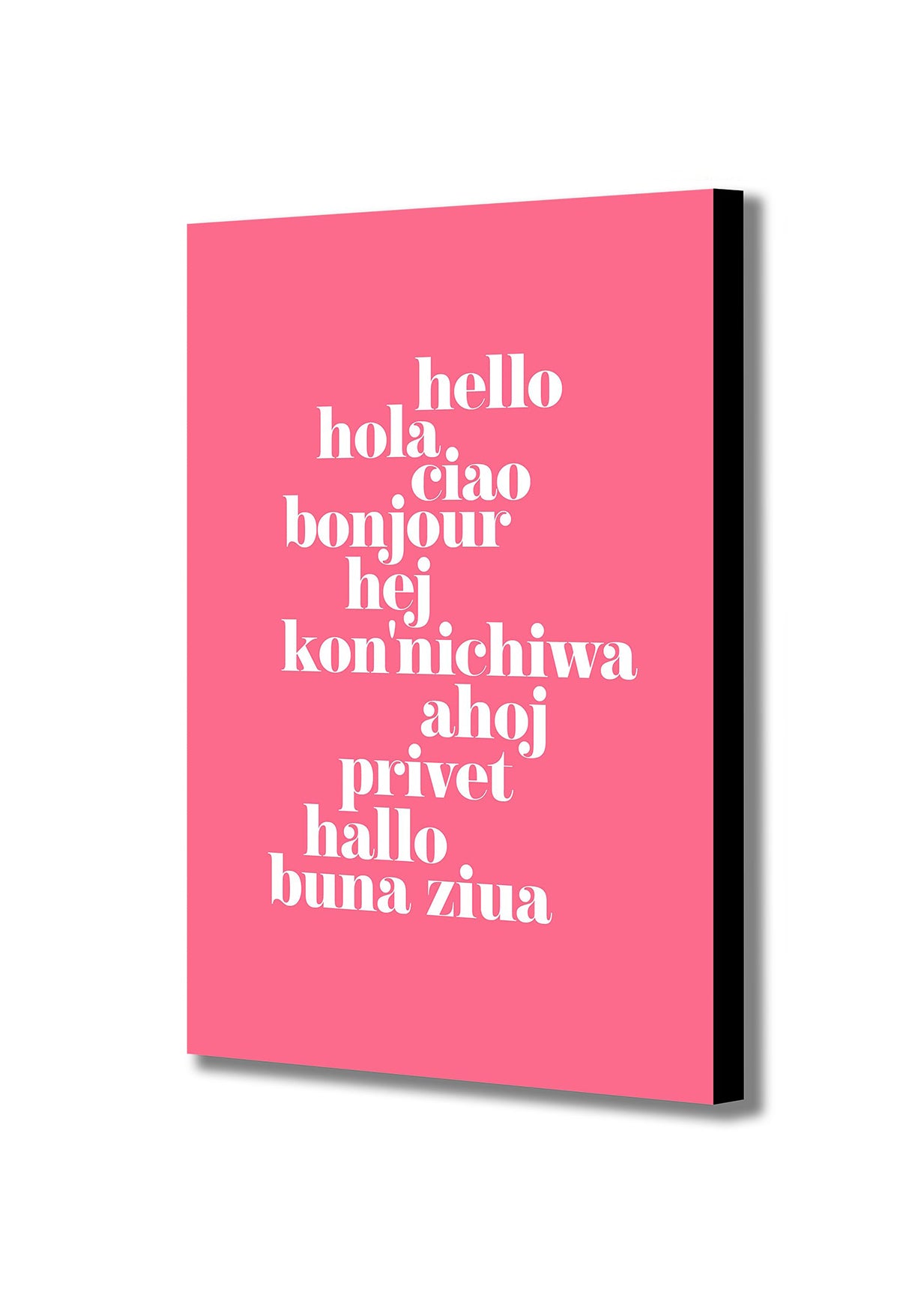 Hello Translated pink - Typographic Art - Canvas Wall Art Framed Print - Various Sizes