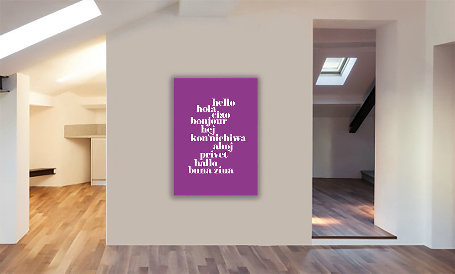 Hello Translated purple - Typographic Art - Canvas Wall Art Framed Print - Various Sizes