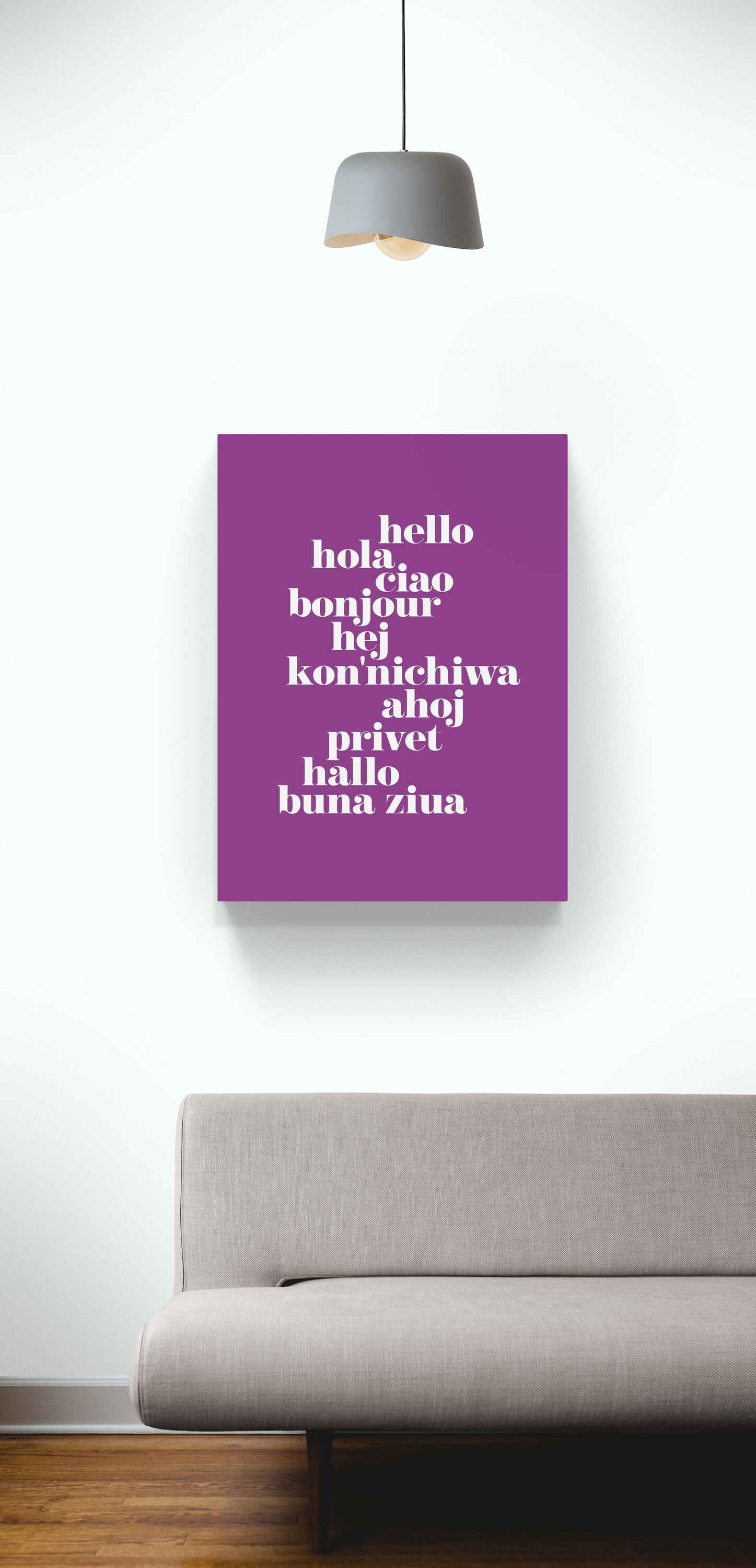 Hello Translated purple - Typographic Art - Canvas Wall Art Framed Print - Various Sizes