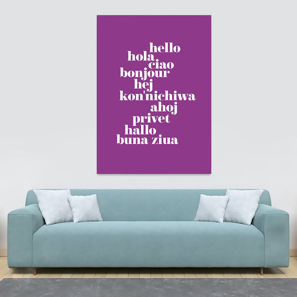 Hello Translated purple - Typographic Art - Canvas Wall Art Framed Print - Various Sizes