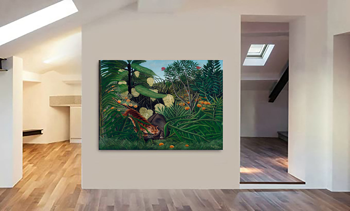 Fight between a Tiger and a Buffalo (1908) by Henri Rousseau - Canvas Wall Art Framed Print - Various Sizes