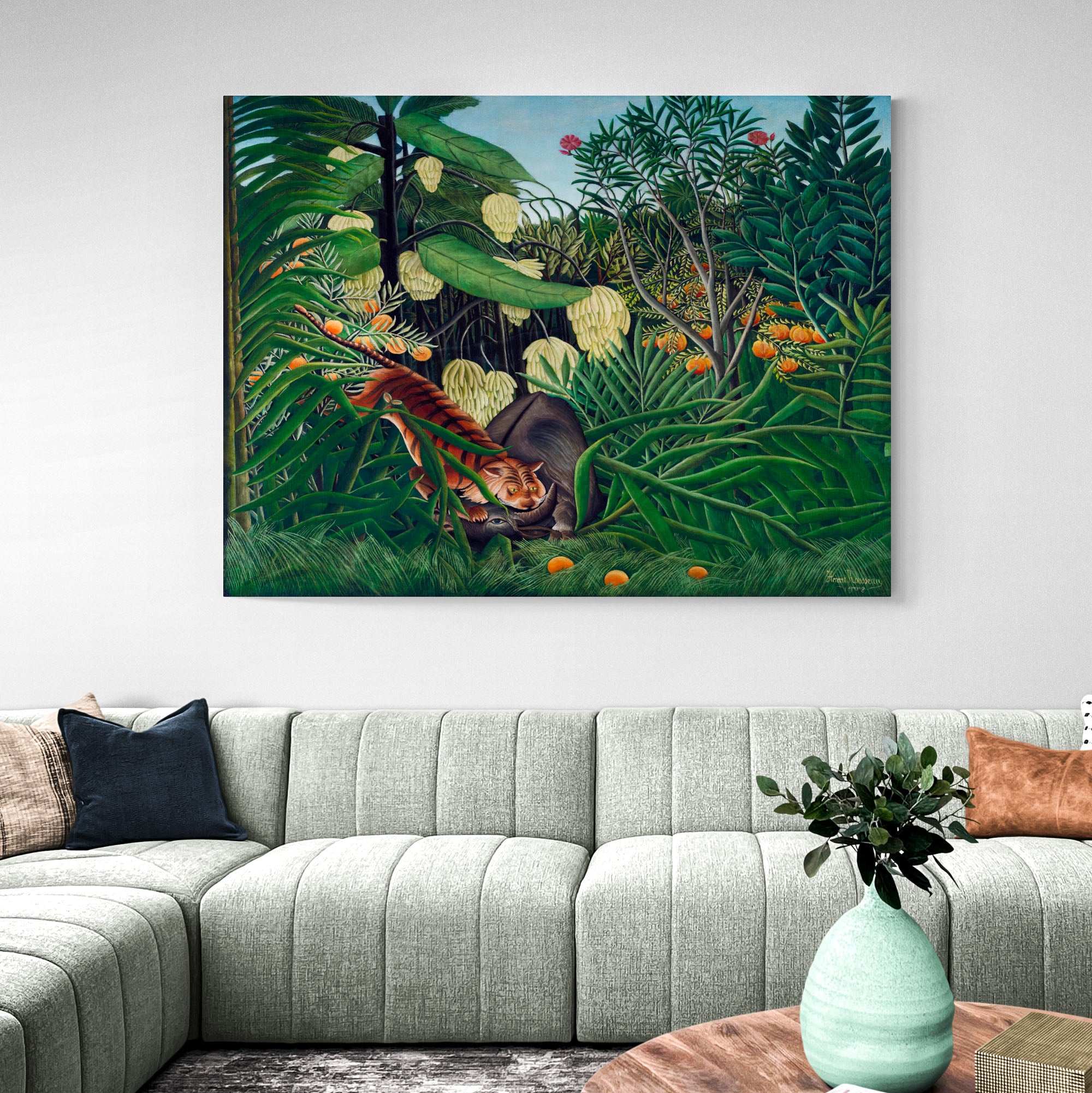 Fight between a Tiger and a Buffalo (1908) by Henri Rousseau - Canvas Wall Art Framed Print - Various Sizes
