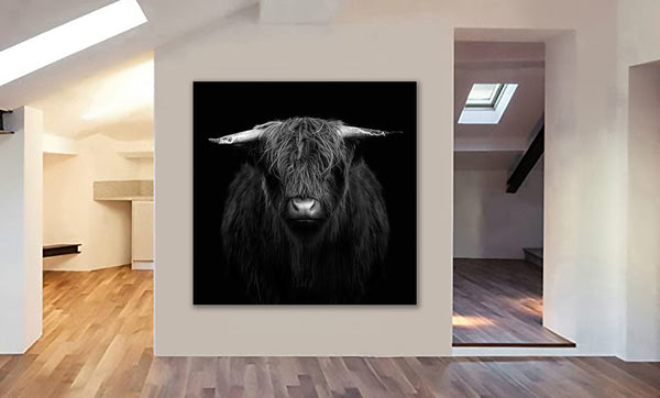Highland Cow - Black And White - Framed Canvas Wall Art Print - Various Sizes