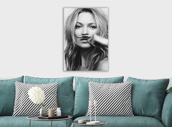 Kate Moss Moustache - Canvas Wall Art Framed Print - Various Sizes