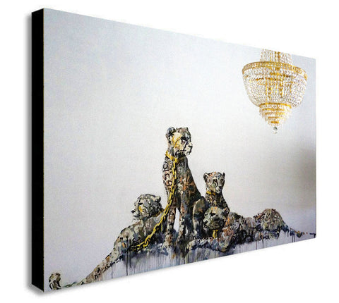BANKSY Cheetah - Leopard - Gold - Canvas Wall Art Framed Print - Various Sizes