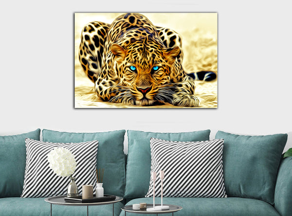 Blue Eyed Leopard - Abstract - Canvas Wall Art Framed Print - Various Sizes