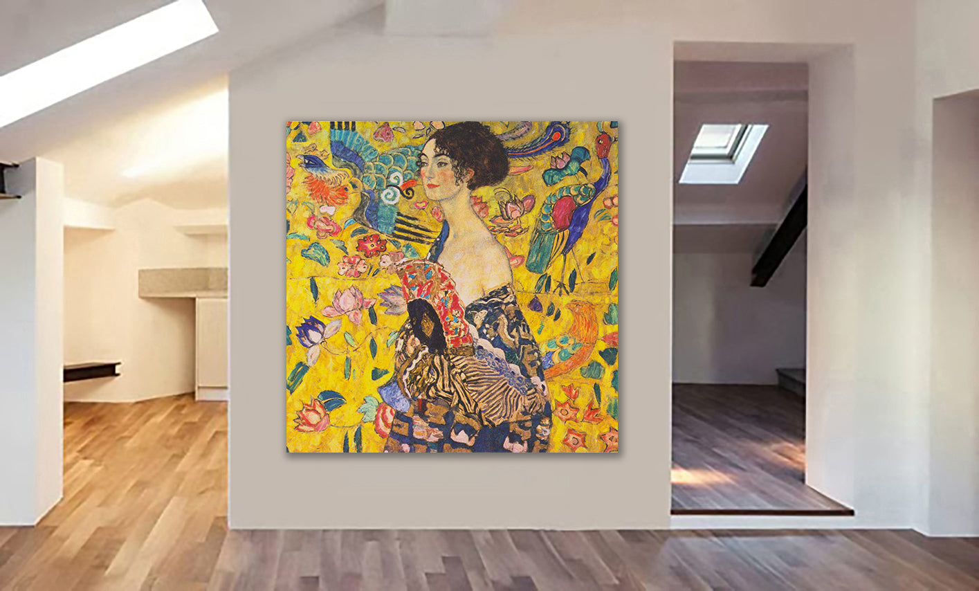 Lady With Fan By Gustav Klimt - Framed Canvas Wall Art Print - Various Sizes