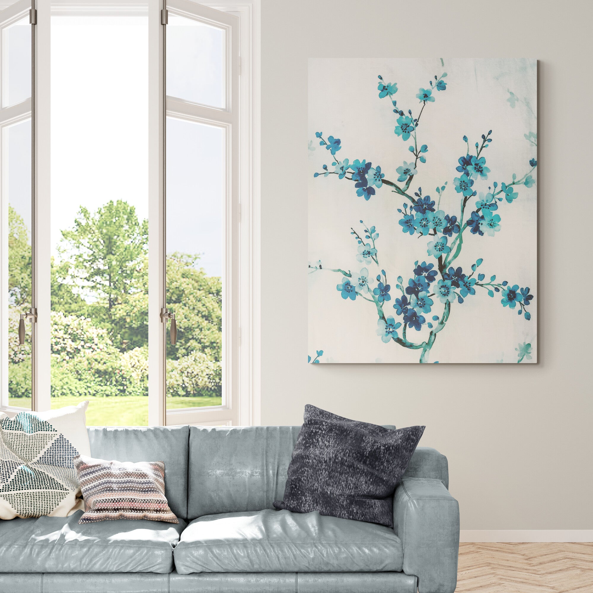 Blue Flowers With White Background Wall Art - Canvas Wall Art Framed Print - Various Sizes