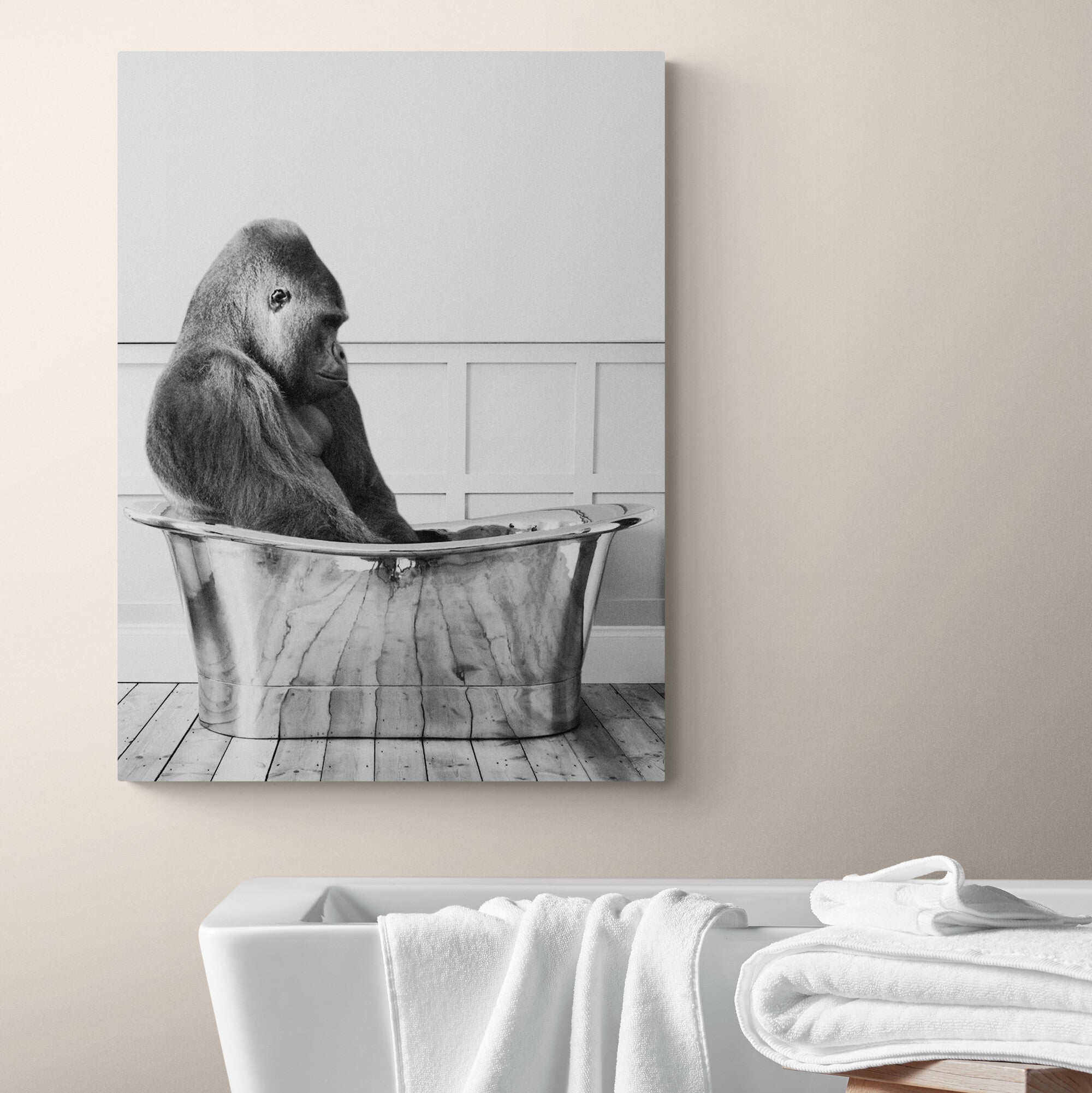 Gorilla In Bath - Funny Bathroom Wall Art - Canvas Wall Art Framed Print - Various Sizes