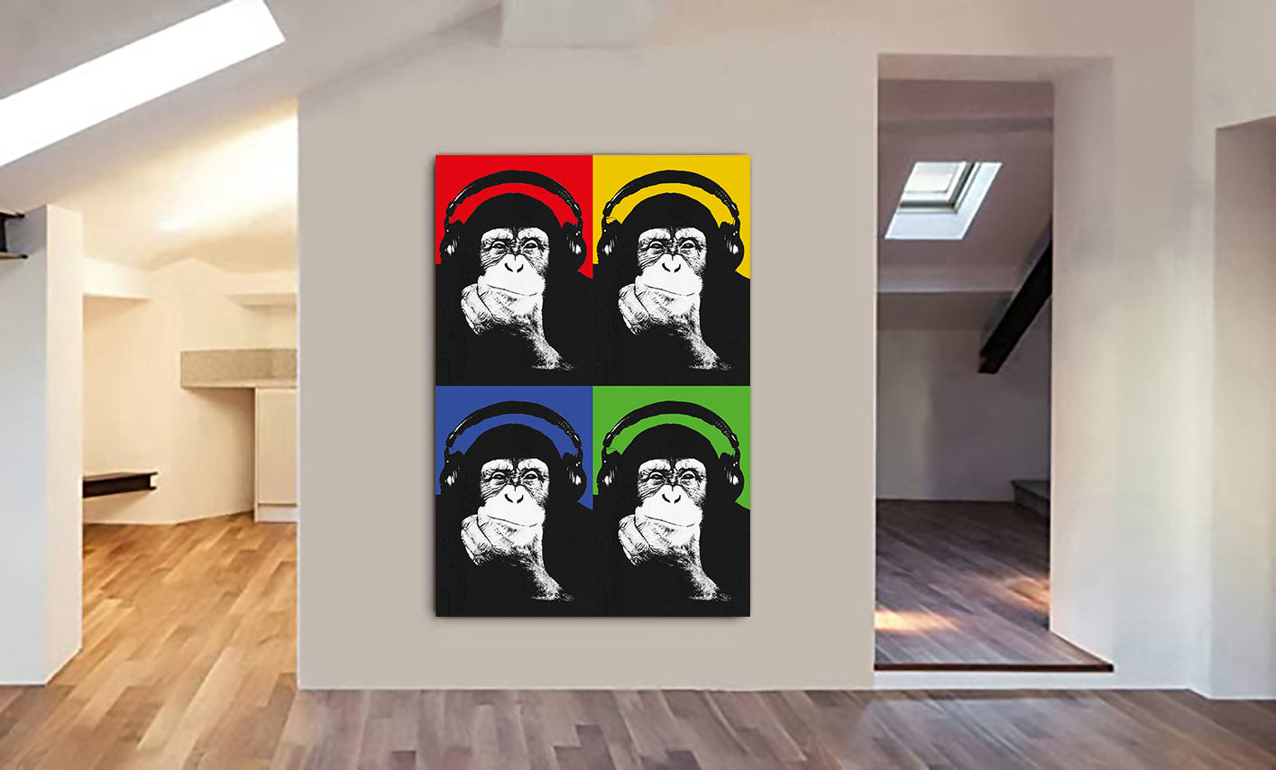 Monkey Chimp Headphones Thinker Pop Art Banksy Style Red Green Yellow Blue - Canvas Wall Art Framed Print - Various Sizes