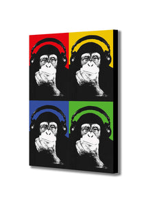 Monkey Chimp Headphones Thinker Pop Art Banksy Style Red Green Yellow Blue - Canvas Wall Art Framed Print - Various Sizes