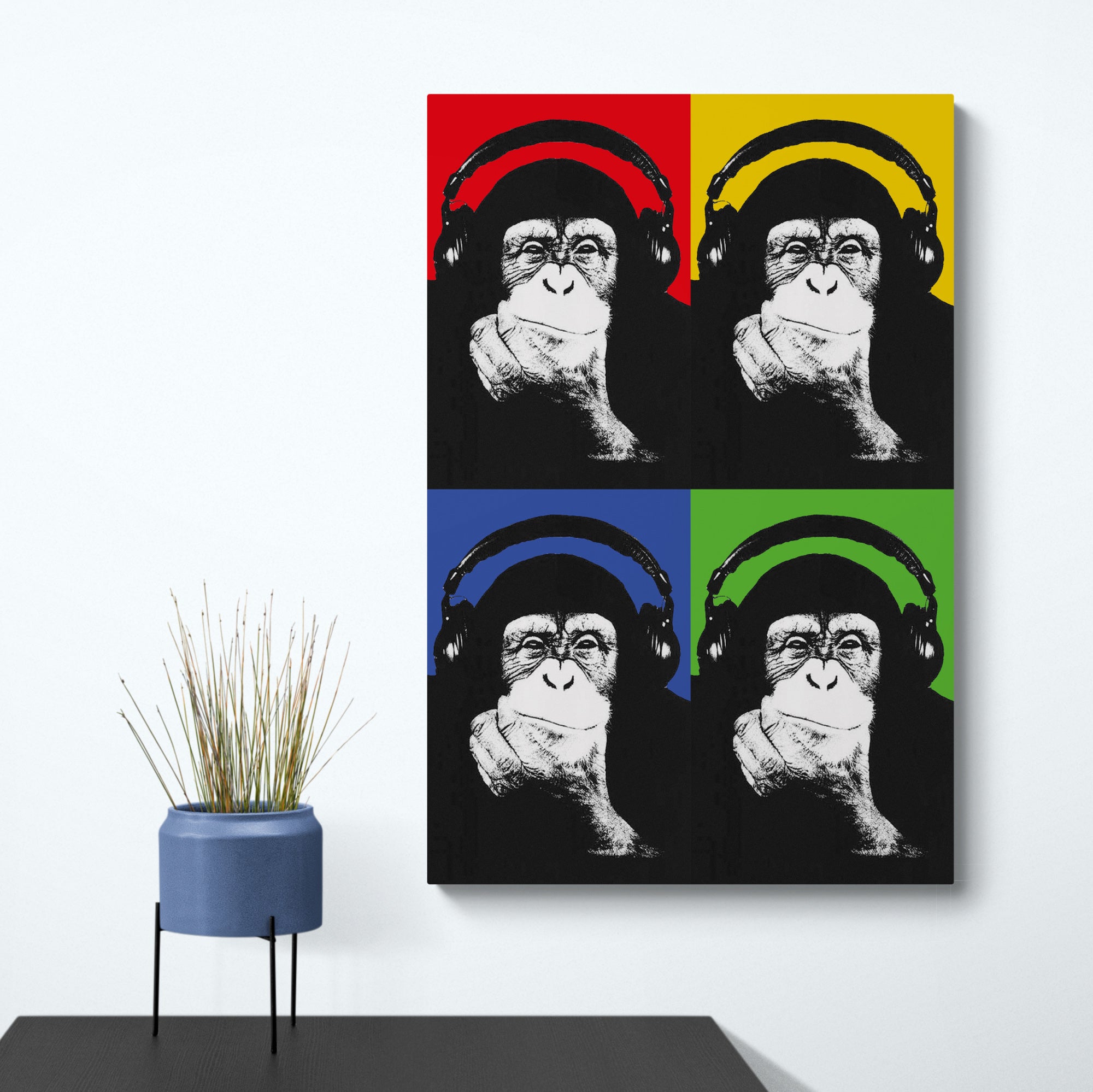 Monkey Chimp Headphones Thinker Pop Art Banksy Style Red Green Yellow Blue - Canvas Wall Art Framed Print - Various Sizes