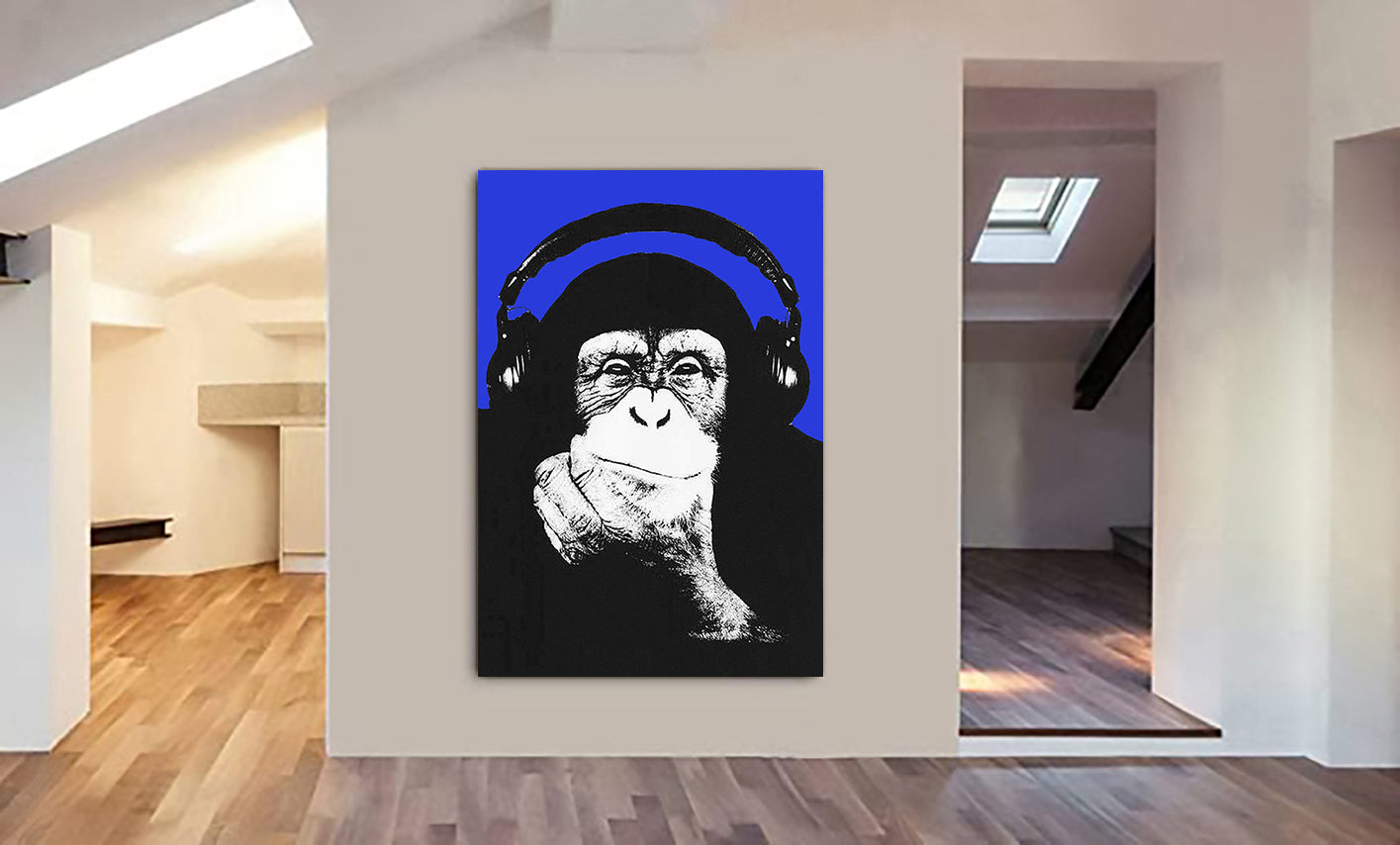 DJ Monkey Chimp Headphones Thinker Banksy Style Blue - Canvas Wall Art Framed Print - Various Sizes