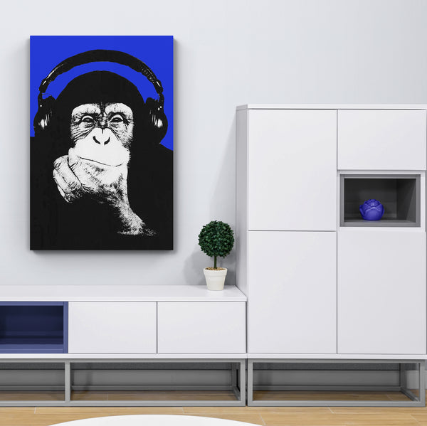 DJ Monkey Chimp Headphones Thinker Banksy Style Blue - Canvas Wall Art Framed Print - Various Sizes