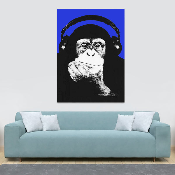 DJ Monkey Chimp Headphones Thinker Banksy Style Blue - Canvas Wall Art Framed Print - Various Sizes
