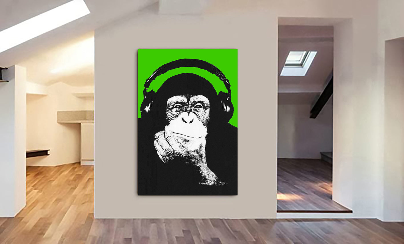 DJ Monkey Chimp Headphones Thinker Banksy Style Green - Canvas Wall Art Framed Print - Various Sizes