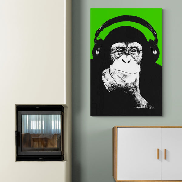 DJ Monkey Chimp Headphones Thinker Banksy Style Green - Canvas Wall Art Framed Print - Various Sizes